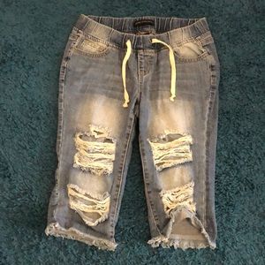 Distressed drawstring Bermuda denim shorts